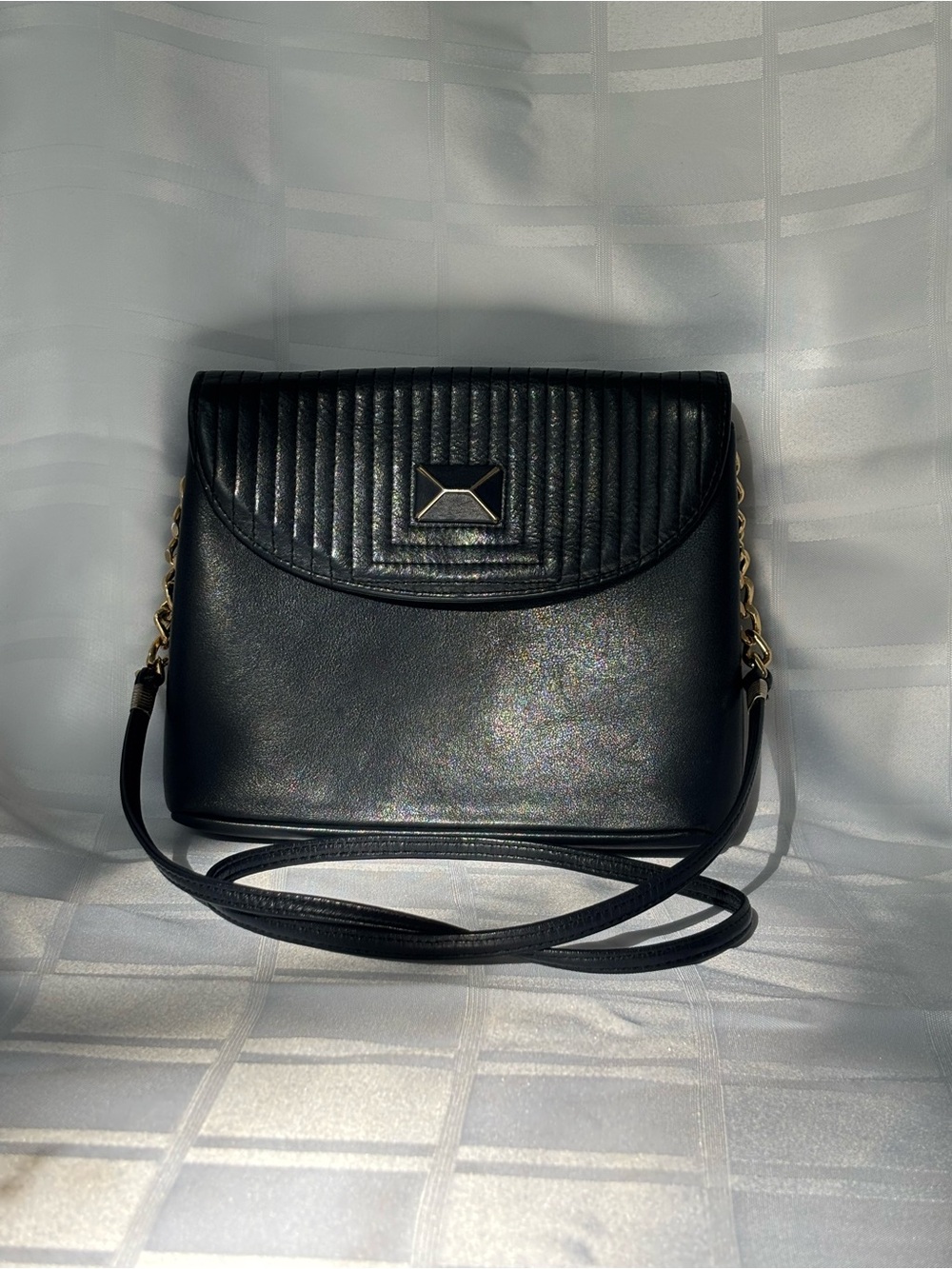 Vintage Due Fratelli Navy Blue Leather Ribbed Crossbody Bag - Gold Chain Accent